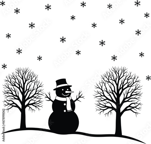 Silhouette of a snowman in a snowy landscape with bare trees.