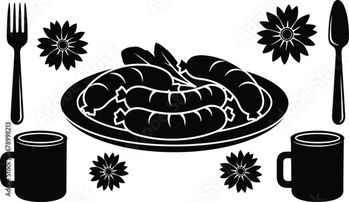 A black and white graphic illustration of a meal with sausages on a plate, surrounded by mugs, cutlery, and flowers.