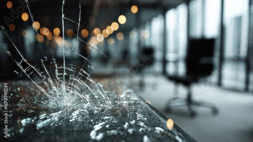 Cracked glass over office desk, hostile environment, background with copy space on left side --ar 16:9 --v 7 Job ID: 446f8046-ed84-4940-86cf-355fc78e1092
