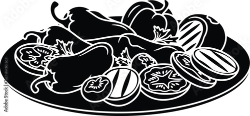 A detailed black and white illustration of a plate filled with grilled vegetables, including tomatoes and peppers.