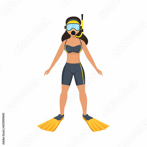 Scuba diver in gear ready for the ocean adventure, smiling, wearing goggles, flippers, and snorkel