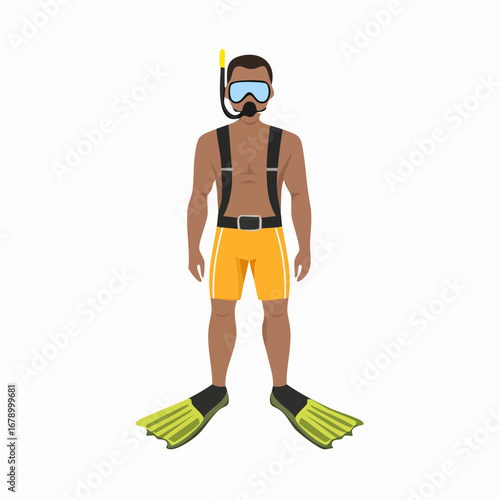 Vector illustration of a male snorkeler in full gear, ready for a summer ocean adventure and underwater exploration hobby