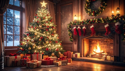 Imagen hiperrealista y espectacular de una escena navideña mágica. Un gran árbol de Navidad decorado con luces doradas, esferas rojas y plateadas, cintas brillantes y una estrella luminosa en la cima.