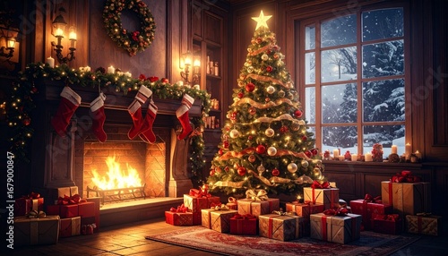Imagen hiperrealista y espectacular de una escena navideña mágica. Un gran árbol de Navidad decorado con luces doradas, esferas rojas y plateadas, cintas brillantes y una estrella luminosa en la cima.
