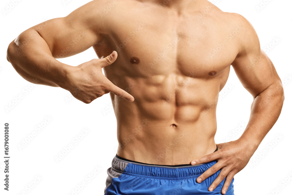 Fototapeta premium Bodybuilder pointing at his abs