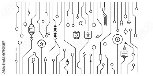 Abstract black and white sketch of a complex electronic circuit board with various components and connections