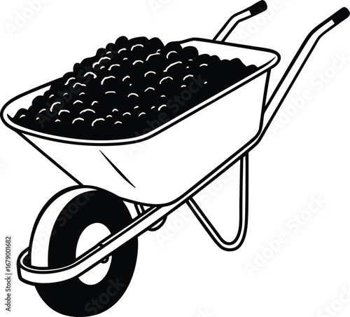 Black wheelbarrow filled with dark material dirt soil