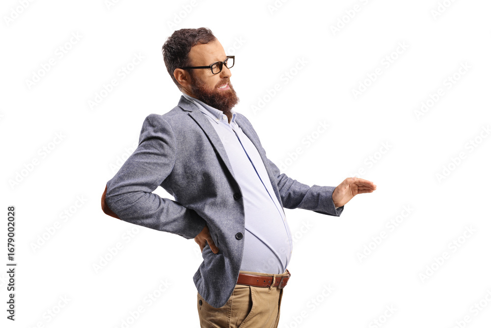 Fototapeta premium Profile shot of a bearded man with a backpain