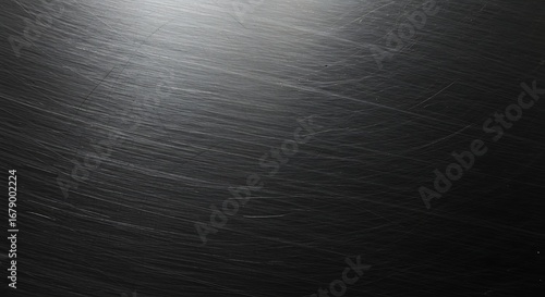 Dark brushed metal texture with light reflection, a sleek abstract gray steel background for design