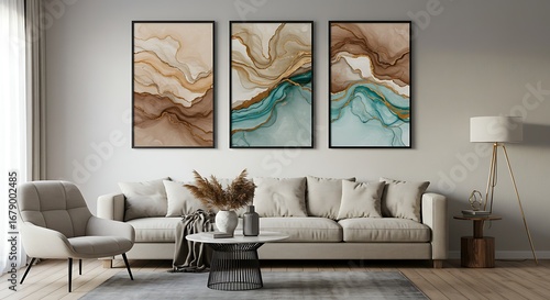 Elegant living room showcasing abstract fluid art, modern furniture, and warm lighting creating a serene atmosphere