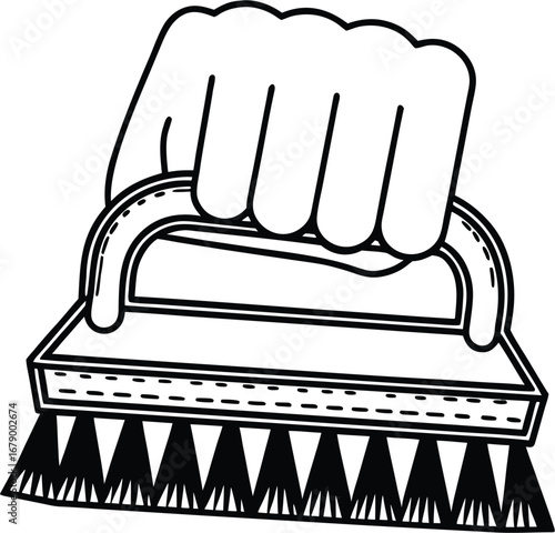 Hand holding cleaning brush scrubbing