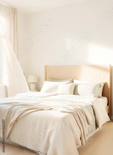 Minimalist bedroom with beige bedding in morning sunlight 
