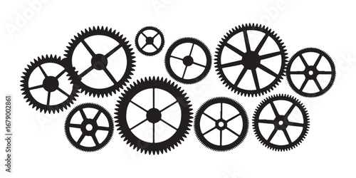 A collection of various sized black gears and cogs arranged in a dynamic pattern against a white background