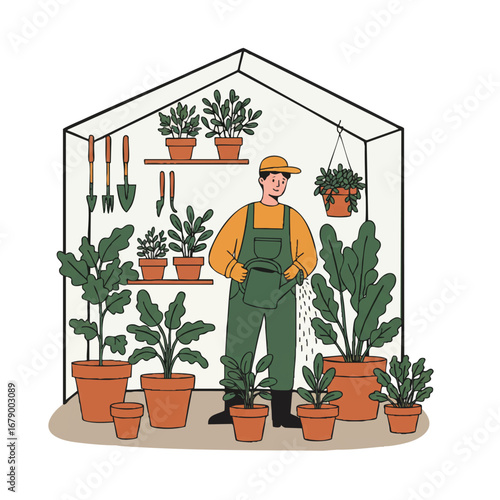 A cheerful 2D flat vector illustration depicts a dedicated gardener nurturing various lush potted plants in a bright, sunny greenhouse, holding a watering can near neatly arranged gardening tools.