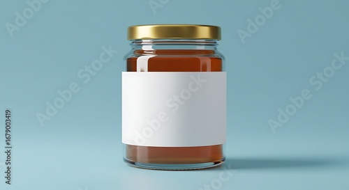 Minimalist transparent glass jar with golden lid and customizable blank label for product packaging and branding concepts
