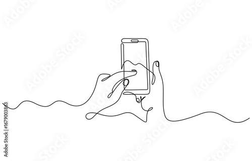 One continuous line drawing of hands holding and touch the screen of smartphone vector illustration. Editable stroke