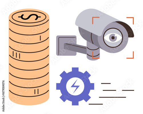 Stack of coins, surveillance camera with scan focus, and gear with power icon. Ideal for wealth safety, security systems, technology, economy, data protection, monitoring and digital oversight
