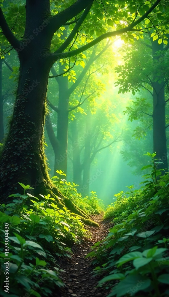 Fototapeta premium Lush green foliage, vibrant leaves, sunlight filtering through canopy, creating dappled shadows on the forest floor Perfect for nature, ecology, and environmental themes , green, earth, wild