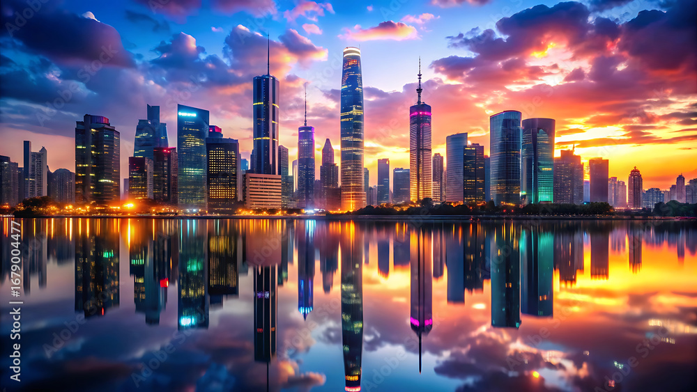 Fototapeta premium Cinematic skyscraper skyline with futuristic neon glowing lights 