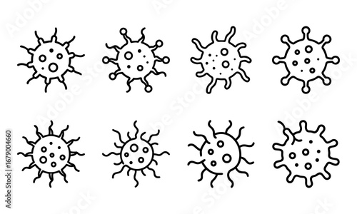 Set of Virus and Bacteria Icons in Line Style – Vector Collection of Microorganisms, Germs, Microbes, Pathogens, Infection and Disease Symbols for Medical and Scientific Design