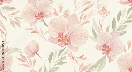 Wallpaper Mural Watercolor Orchid Floral Pattern Soft Pink and Green Leaves. Torontodigital.ca