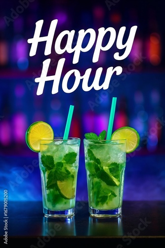 Happy Hour mojito cocktail poster with twin glasses with mint and lime, for a bar or a night club.