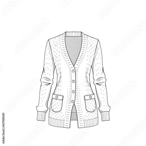 Women's Pointelle Cardigan- Technical fashion illustration. Front, white color. CAD mock-up.