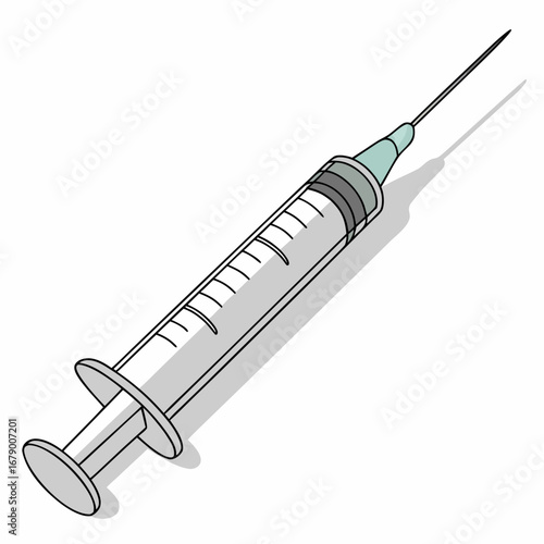 A medical syringe with a fine needle and clear barrel casting a shadow on a white background