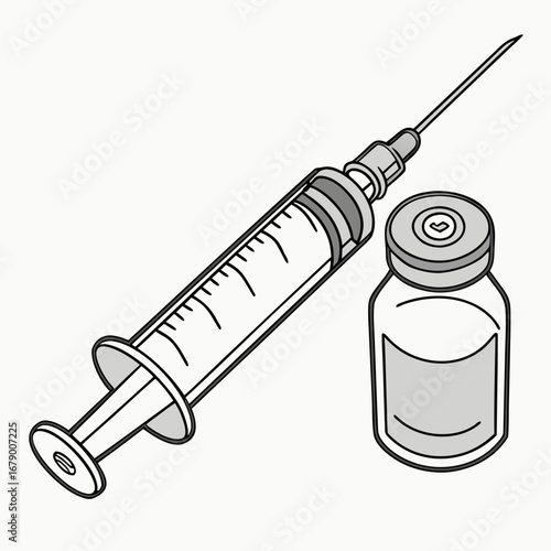 A medical syringe with a needle and a glass vial containing liquid on a white background