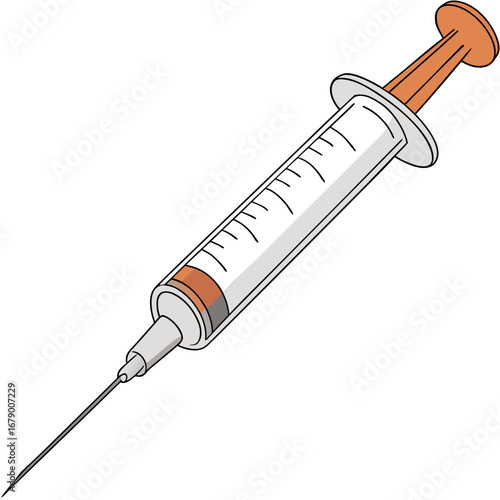 A medical syringe with a fine needle and orange plunger filled with liquid on a white background