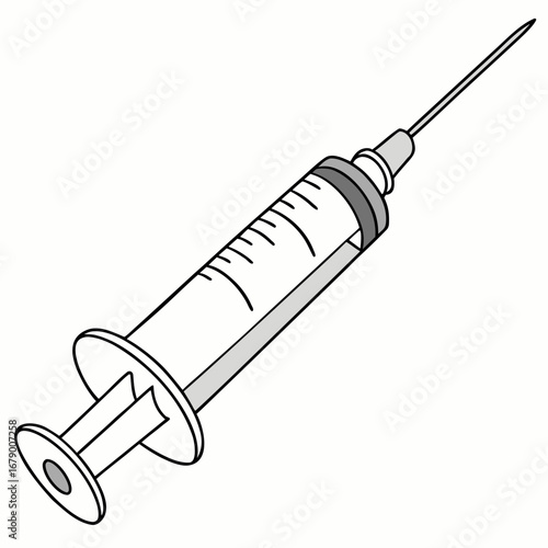 A simple black and white illustration of a medical syringe with a needle and measurement markings