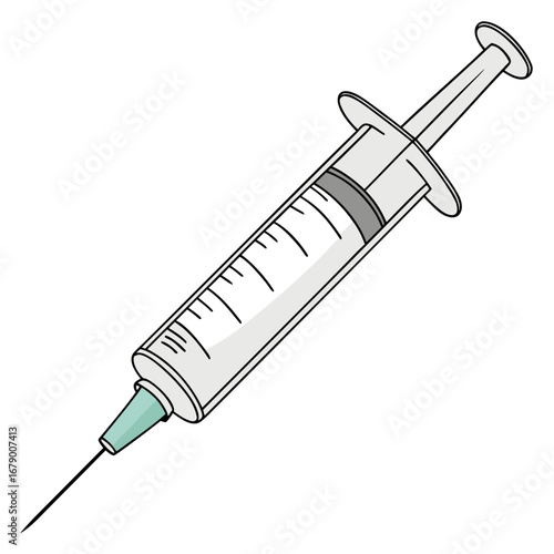 A simple cartoon illustration of a medical syringe with a needle and measurement markings on a white background