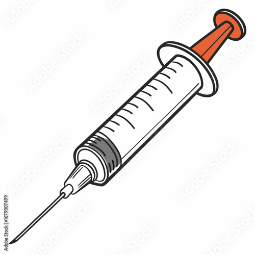 A simple illustration of a medical syringe with a needle and an orange plunger on a white background