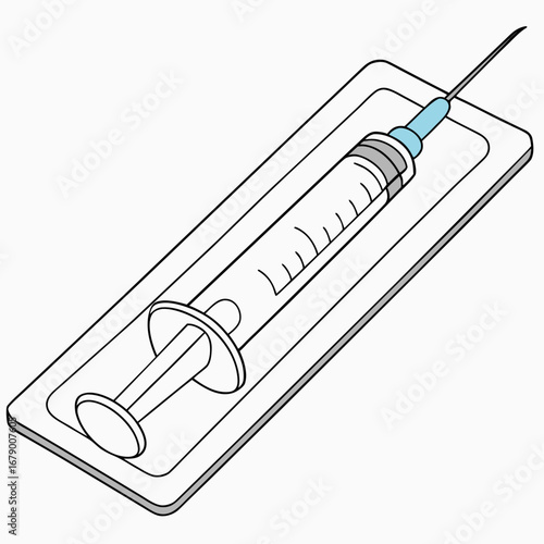 A sterile medical syringe with a needle is presented in its protective packaging for medical use