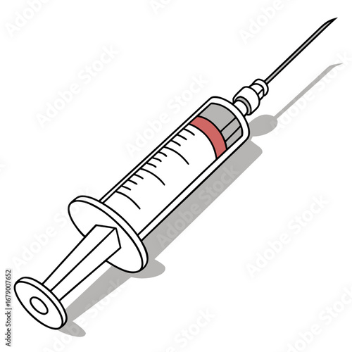 A stylized illustration of a medical syringe with a needle and a small amount of red liquid inside