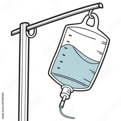 Cartoon style illustration of a medical intravenous drip bag hanging from a stand with clear fluid