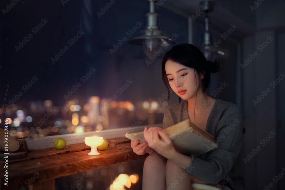 © Shuguang - Woman reading a book by the window at night with city lights in the background. © Shuguang - Woman reading a book by the window at night with city lights in the background.