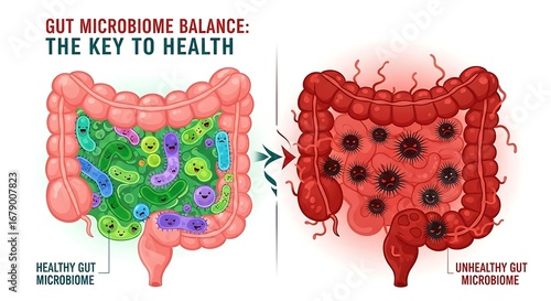 Gut Microbiome Balance - Healthy vs. Unhealthy Gut Illustration.