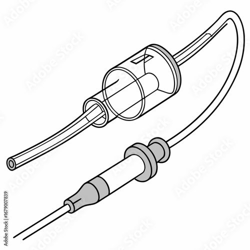 Illustration of a medical infusion set with a syringe and tubing for administering fluids or medication