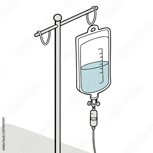 Illustration of a medical intravenous drip bag hanging from a stand with clear liquid and tubing