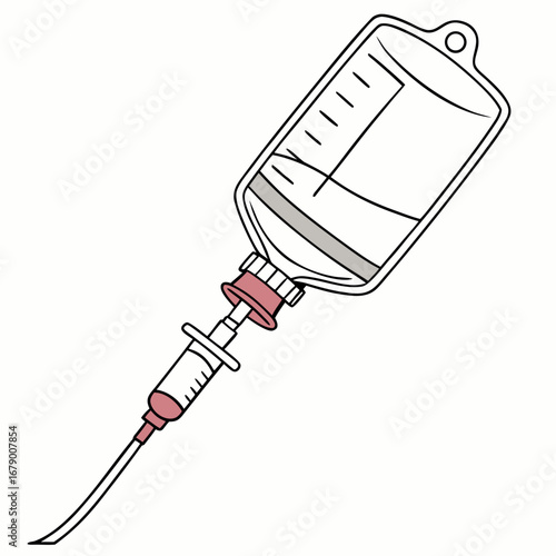 Illustration of a medical intravenous drip bag with a connected syringe and tubing on a white background