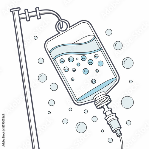 Illustration of a medical iv drip bag filled with clear liquid and bubbles hanging from a stand
