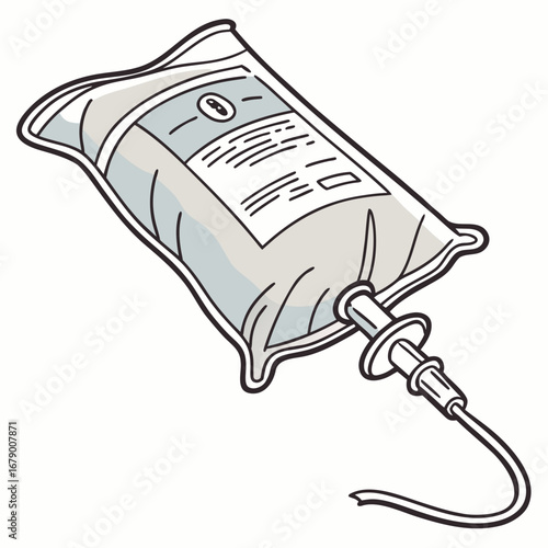 Illustration of a medical intravenous iv drip bag with tubing and needle connector on a white background