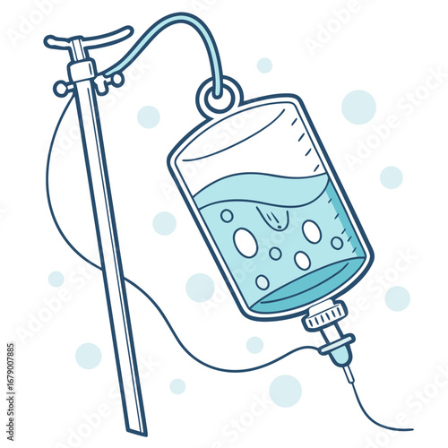 Illustration of a medical iv drip bag with fluid and bubbles hanging from a stand against a white background