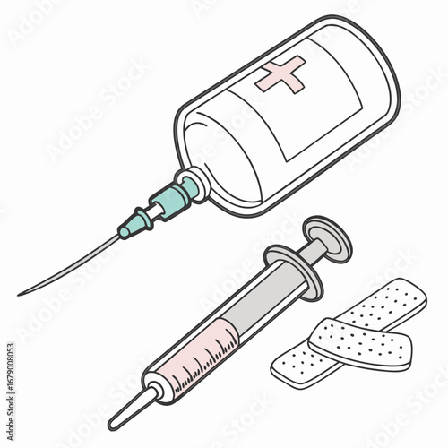 Medical illustration of an intravenous drip bag connected to a syringe with two band aids nearby