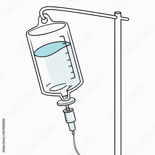 Medical intravenous drip bag filled with clear liquid hanging from a stand for patient treatment