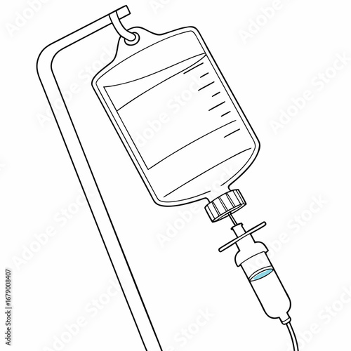 Simple black and white line drawing of an intravenous drip bag hanging from a stand with fluid flowing