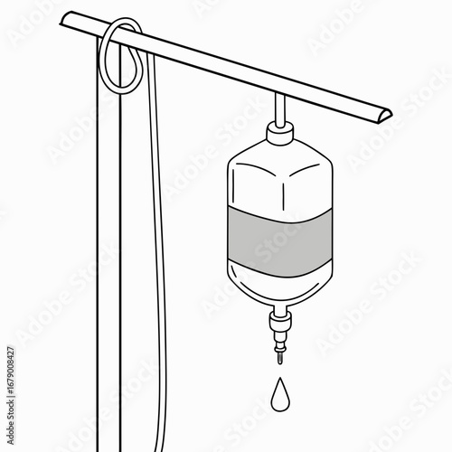 Simple black and white line drawing of an intravenous drip bag hanging from an infusion stand with a drop of liquid falling