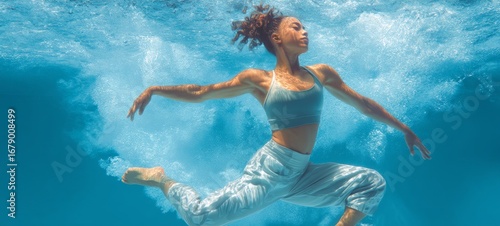 Wallpaper Mural Underwater portrait of a young dancer in fitted sporty attire, elegantly stretched with arms extended and bent legs, joyful expression in vivid blue water under bright light Torontodigital.ca