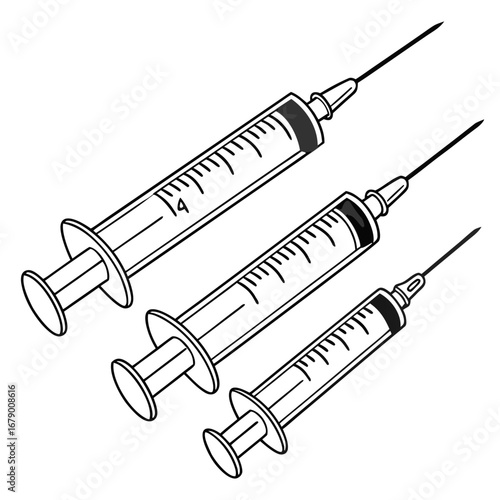 Three medical syringes of varying sizes with sharp needles shown in a diagonal line against a white background